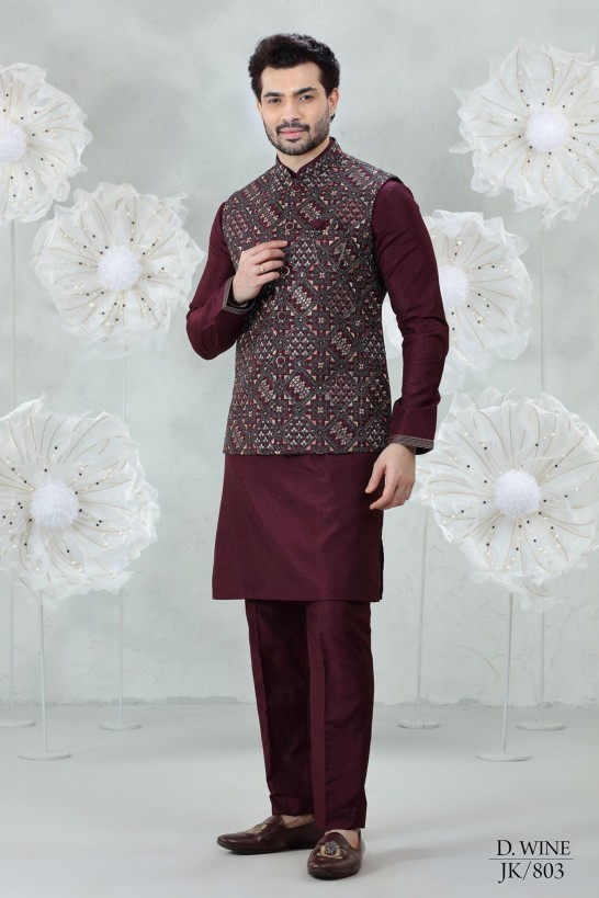 WINE EMBROIDERED KURTA JACKET SET