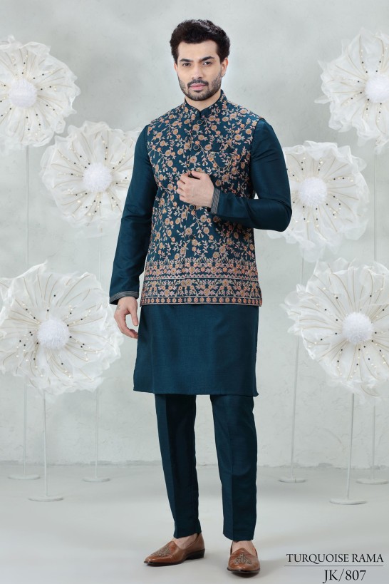 ORANGE FLORAL WITH TURQUOIISE  EMBROIDERED SET