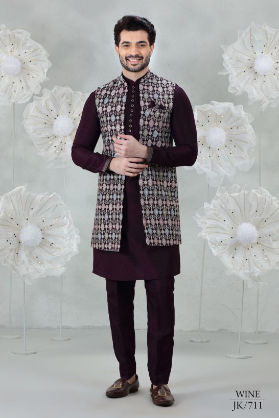 WINE  EMBROIDERED LONG JACKET SET