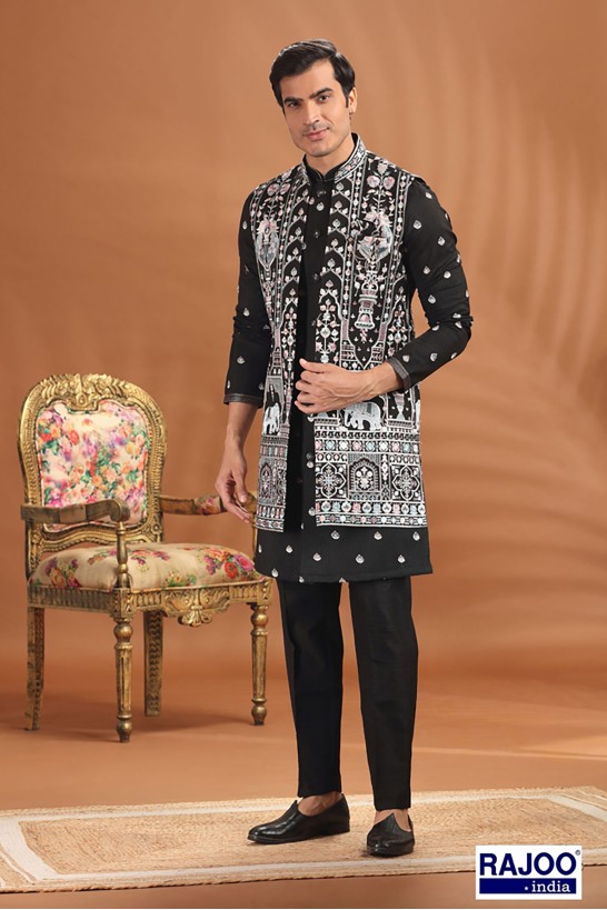 BLACK MAHARAJA STYLE LONG JACKET SET