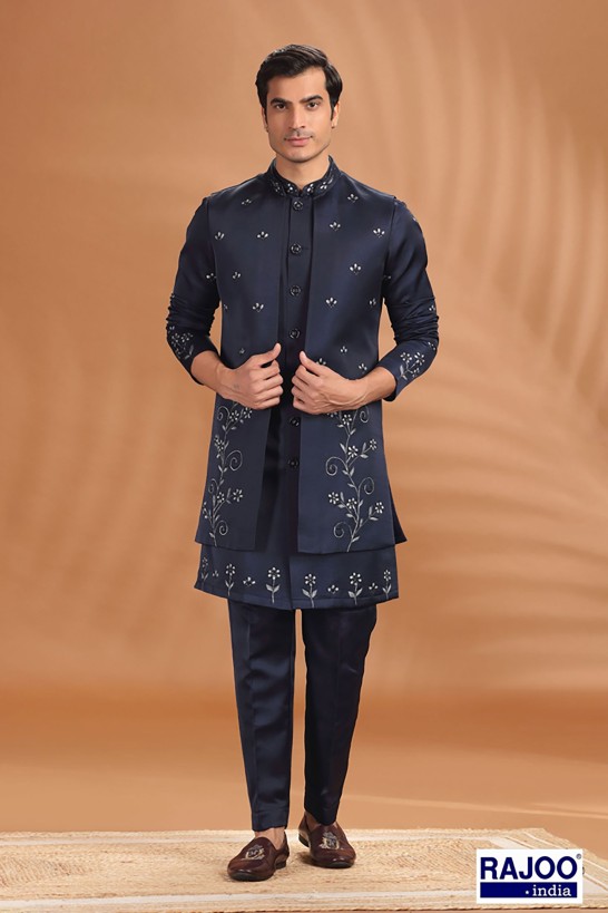 NAVY BLUE EMBROIDERED LONG JACKET SET