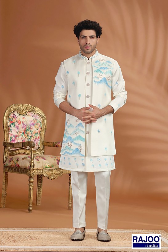 CREAM WITH BLIUE EMBROIDERED SET 