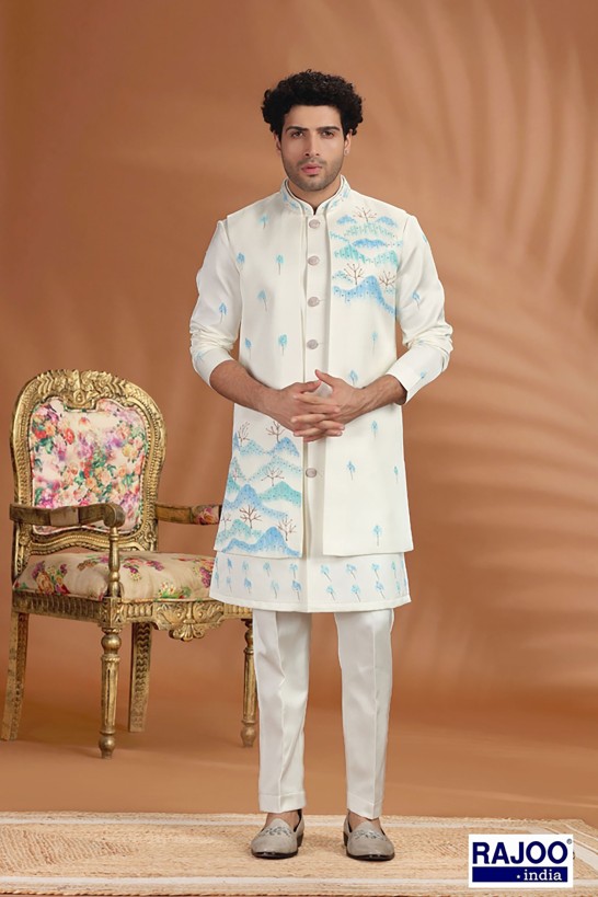 CREAM WITH BLIUE EMBROIDERED SET 