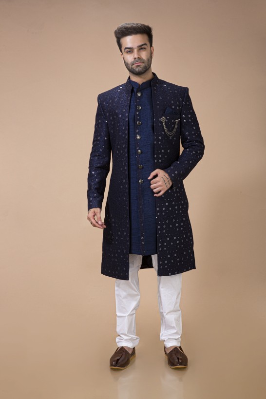 Navy Blue Open Pattern Nawabi With Long  Jacket Inside