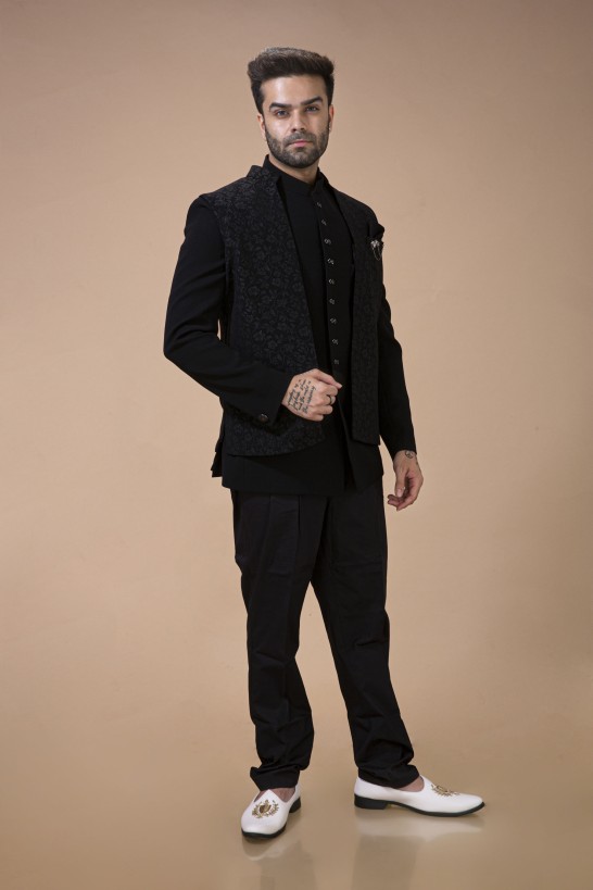 Zed Black Jodhpuri With Floral Waist Coat 