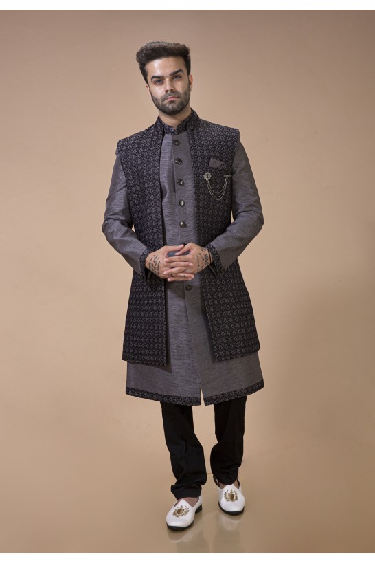 Grey Long Jacket With Contrast Thread Embroidery