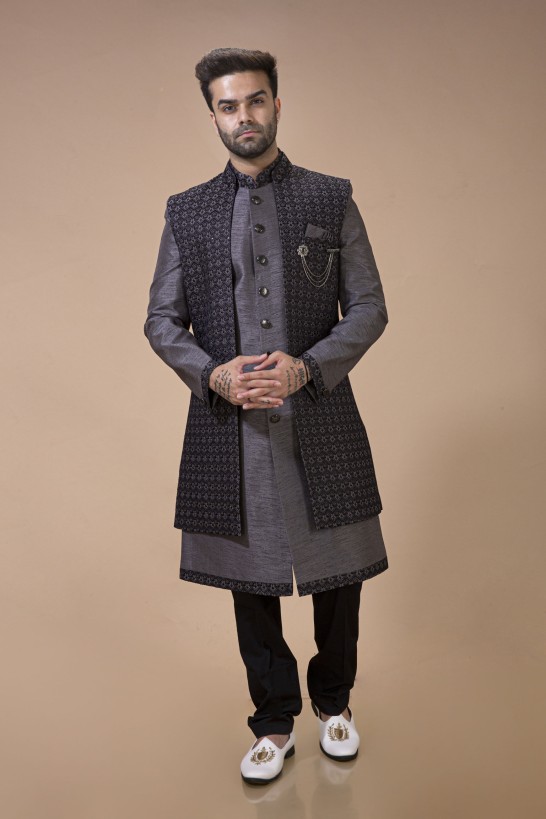 Grey Long Jacket With Contrast Thread Embroidery