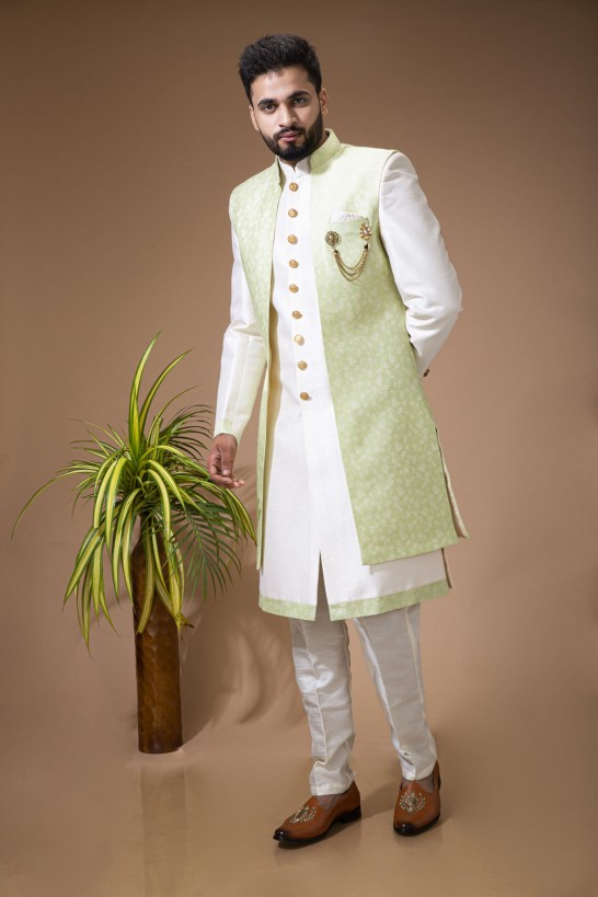 Cream Nawabi With Pista Long Jacket