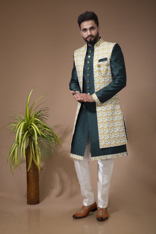 Green Nawabi with Floral Long jacket