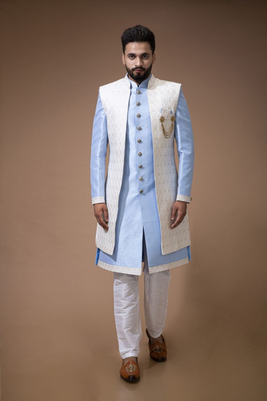 Powder blue Nawabi with white Long jacket