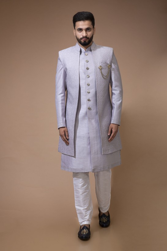 Light Lavender Nawabi With Self Embroidered Long Jacket