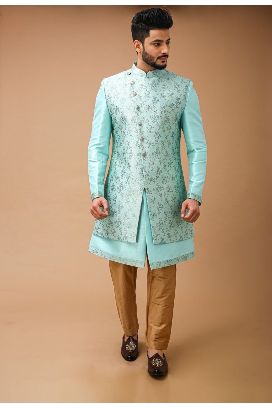 Mint Sea Green Nawabi With Jacquard Long Jacket