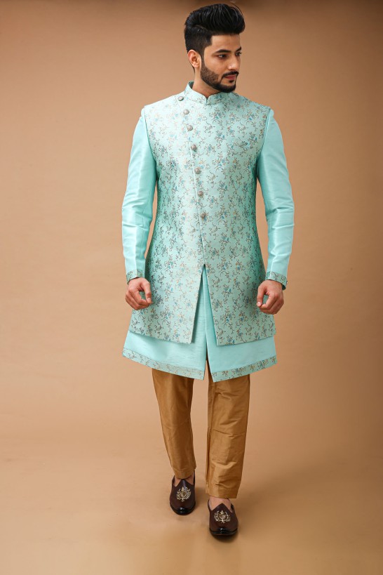 Mint Sea Green Nawabi With Jacquard Long Jacket