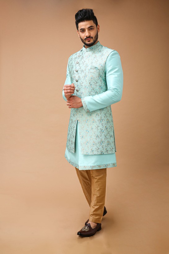 Mint Sea Green Nawabi With Jacquard Long Jacket