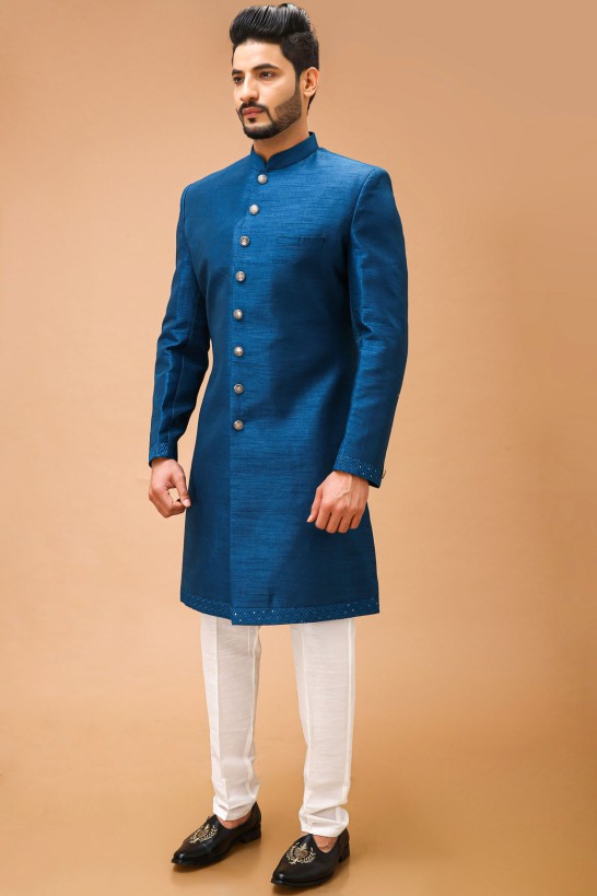 Teal Blue Nawabi With Self Embroidered Long Jacket
