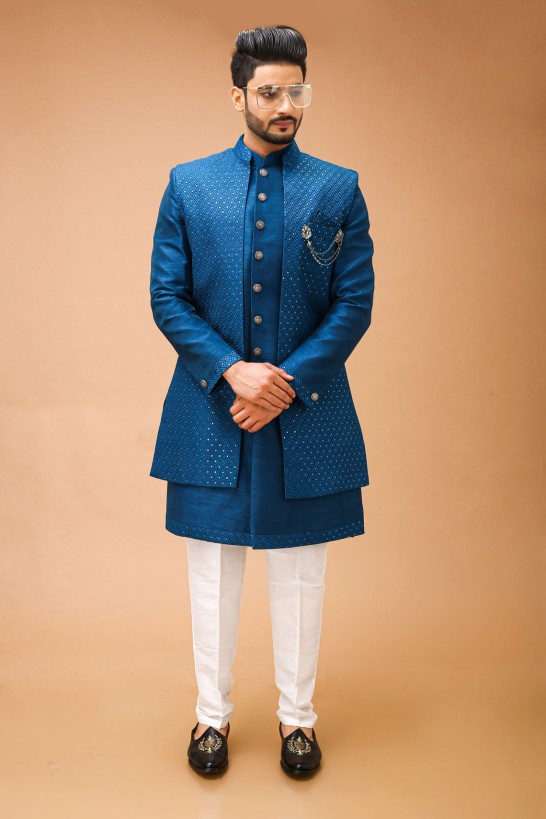Teal Blue Nawabi With Self Embroidered Long Jacket