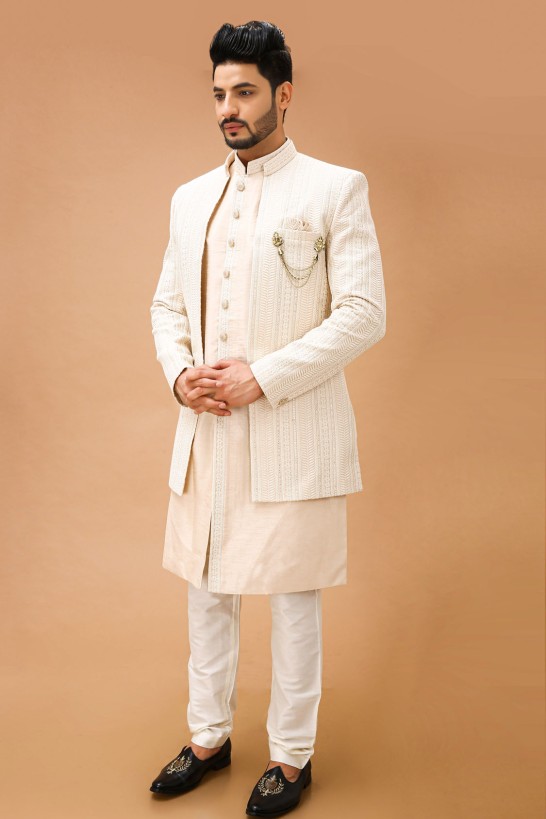 Off White Open Pattern Indowestern