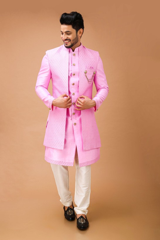 Electric  Light Pink Nawabi With Long Jacket 