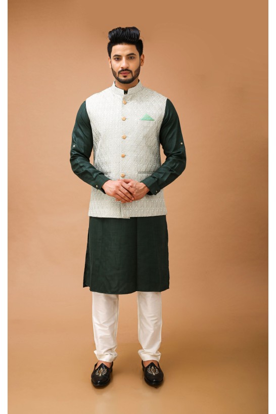 Green Kurta With Pista Self Embroidered Jacket