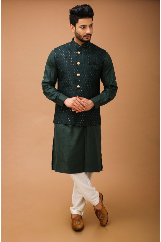 Green Kurta With Green Self Embroidered Jacket