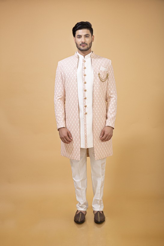 PASTEL PINK NAWABI WITH OFFWHITE LONG JACKET  