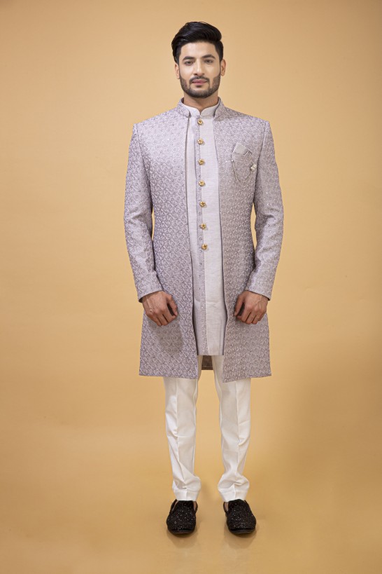 EMBROIDERED GREY NAWABI WITH LONG JACKET