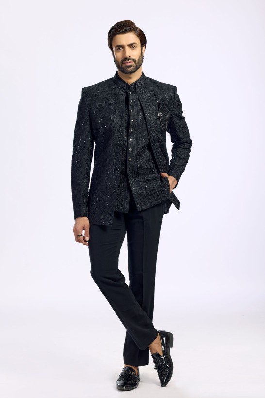 SELF EMBROIDERED BANDHGALA SET 