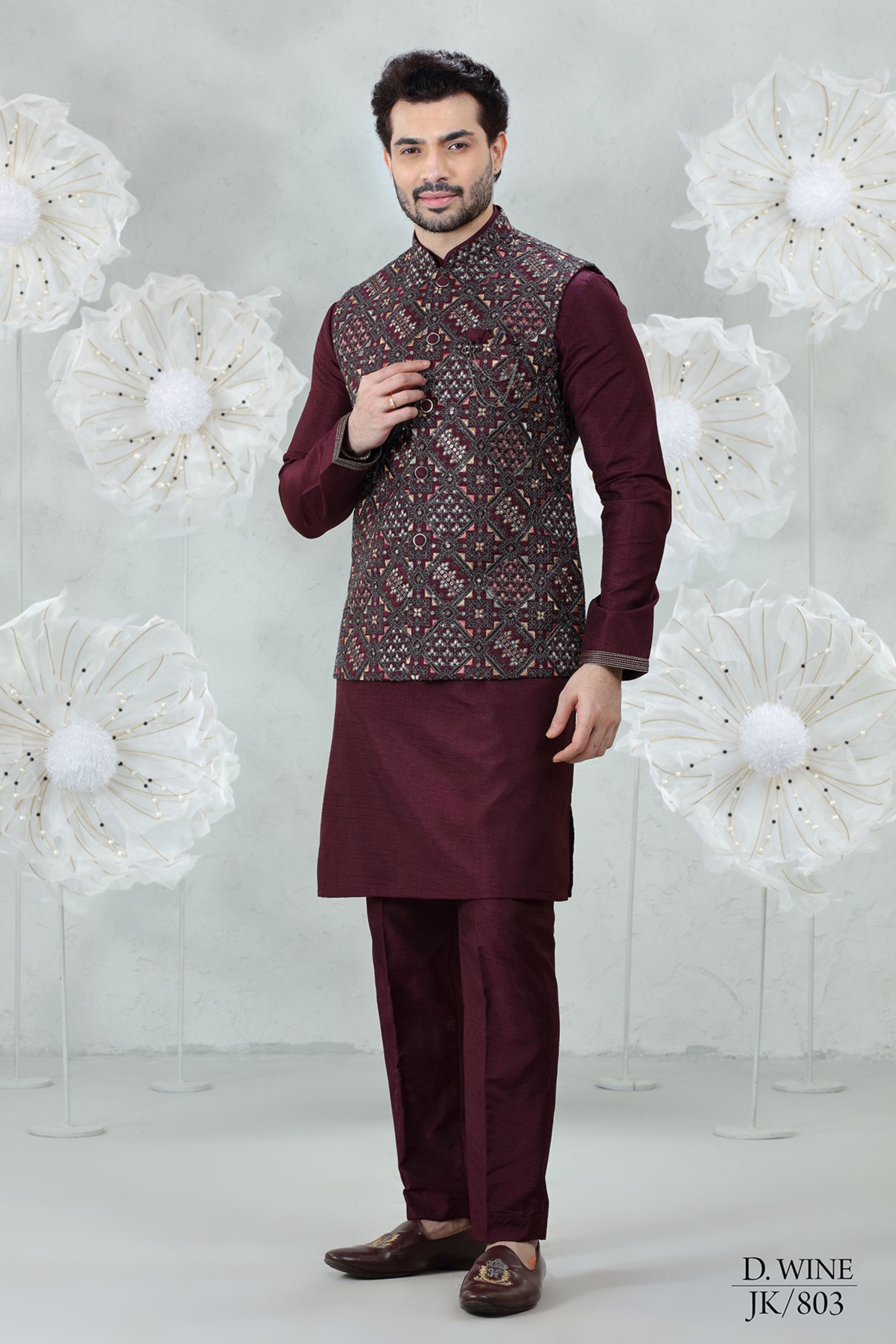 WINE EMBROIDERED KURTA JACKET SET
