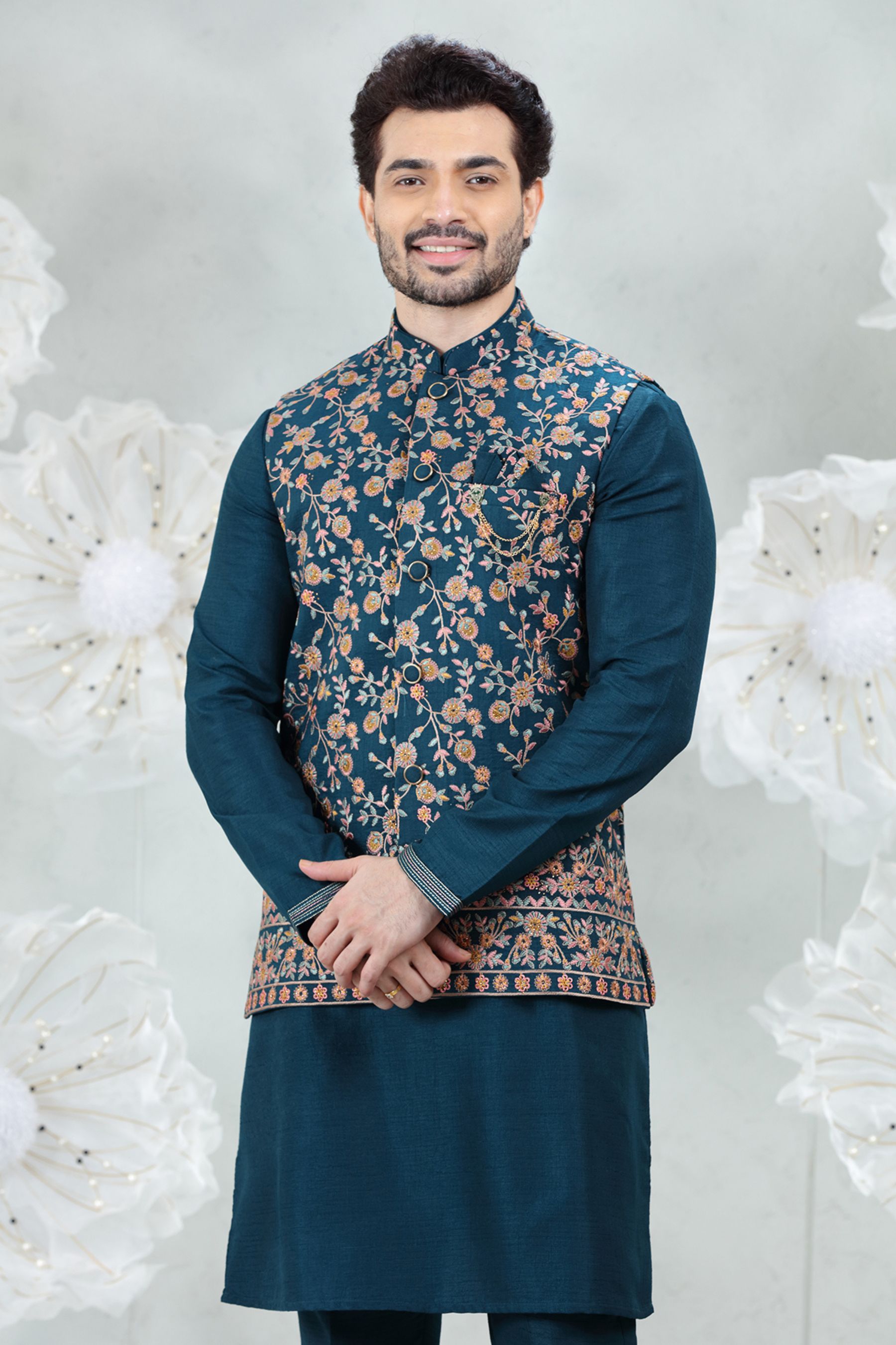 ORANGE FLORAL WITH TURQUOIISE  EMBROIDERED SET