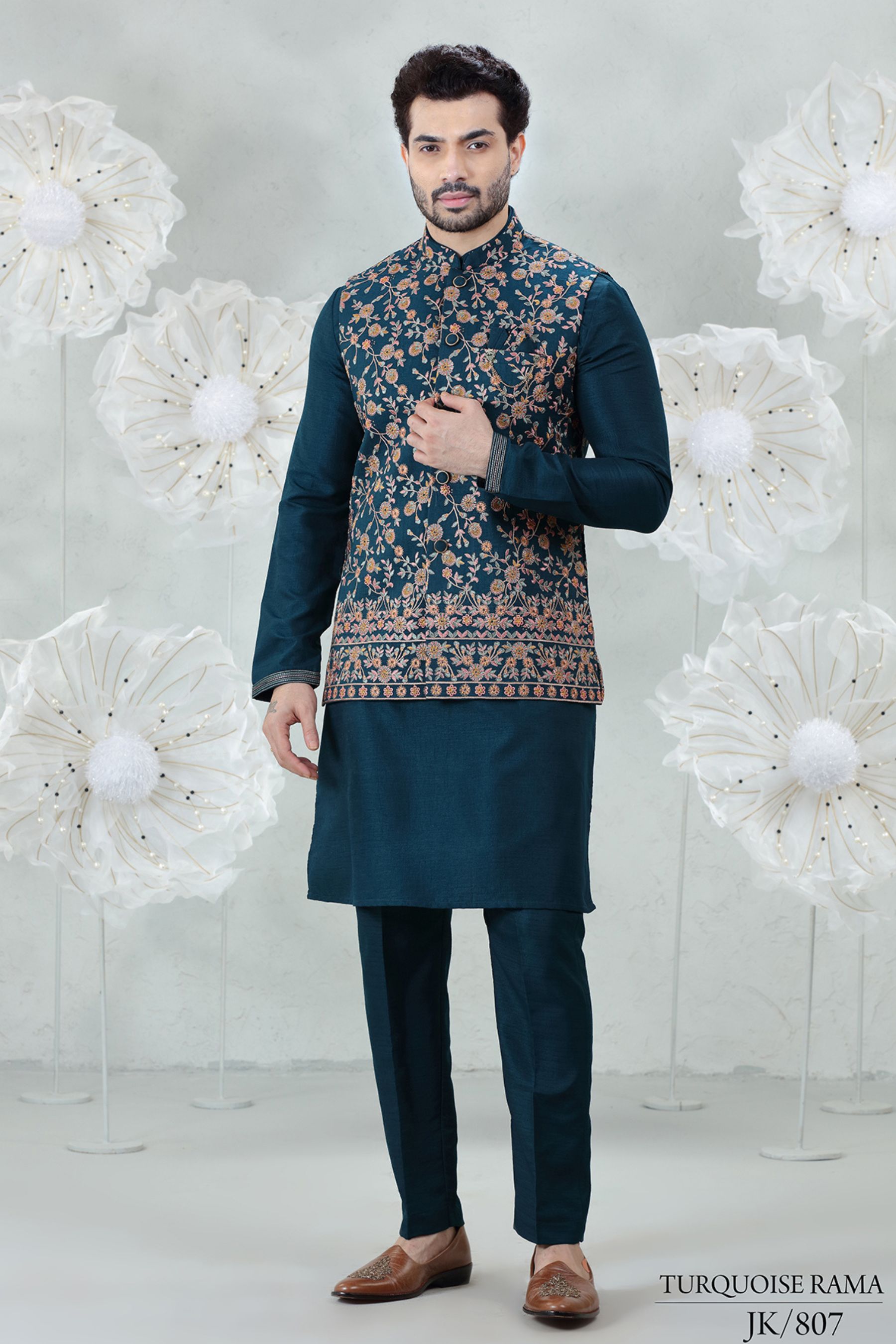 ORANGE FLORAL WITH TURQUOIISE  EMBROIDERED SET
