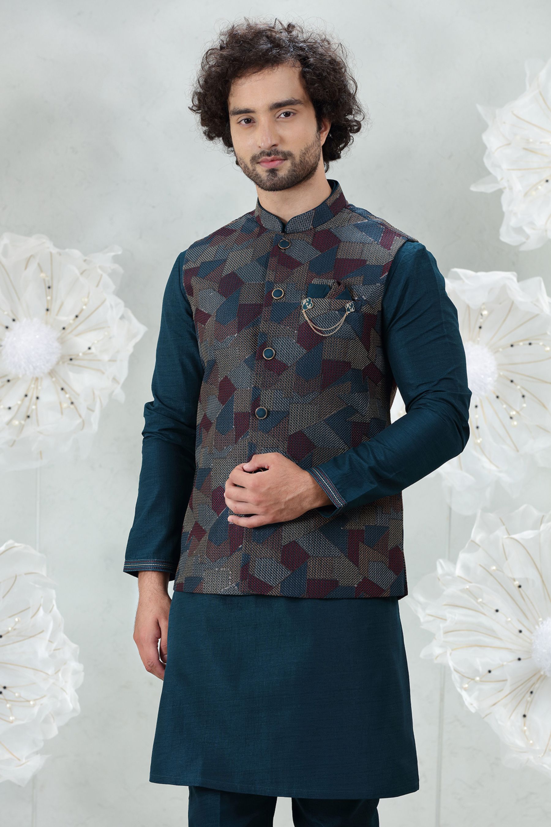 RAMA N WINE EMBROIDERED JACKET SET