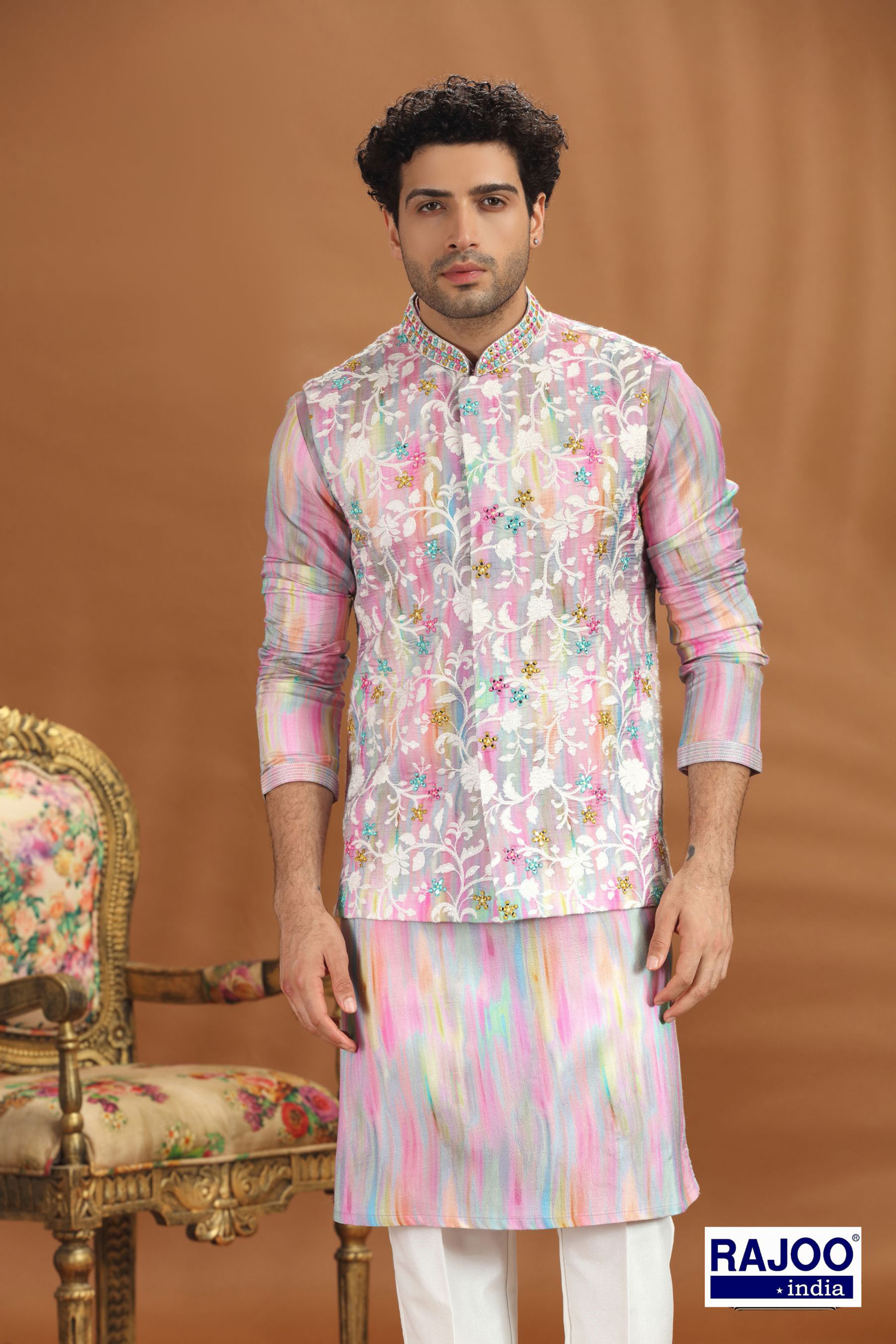 MULTI PINK EMBROIDERED JACKET SET 