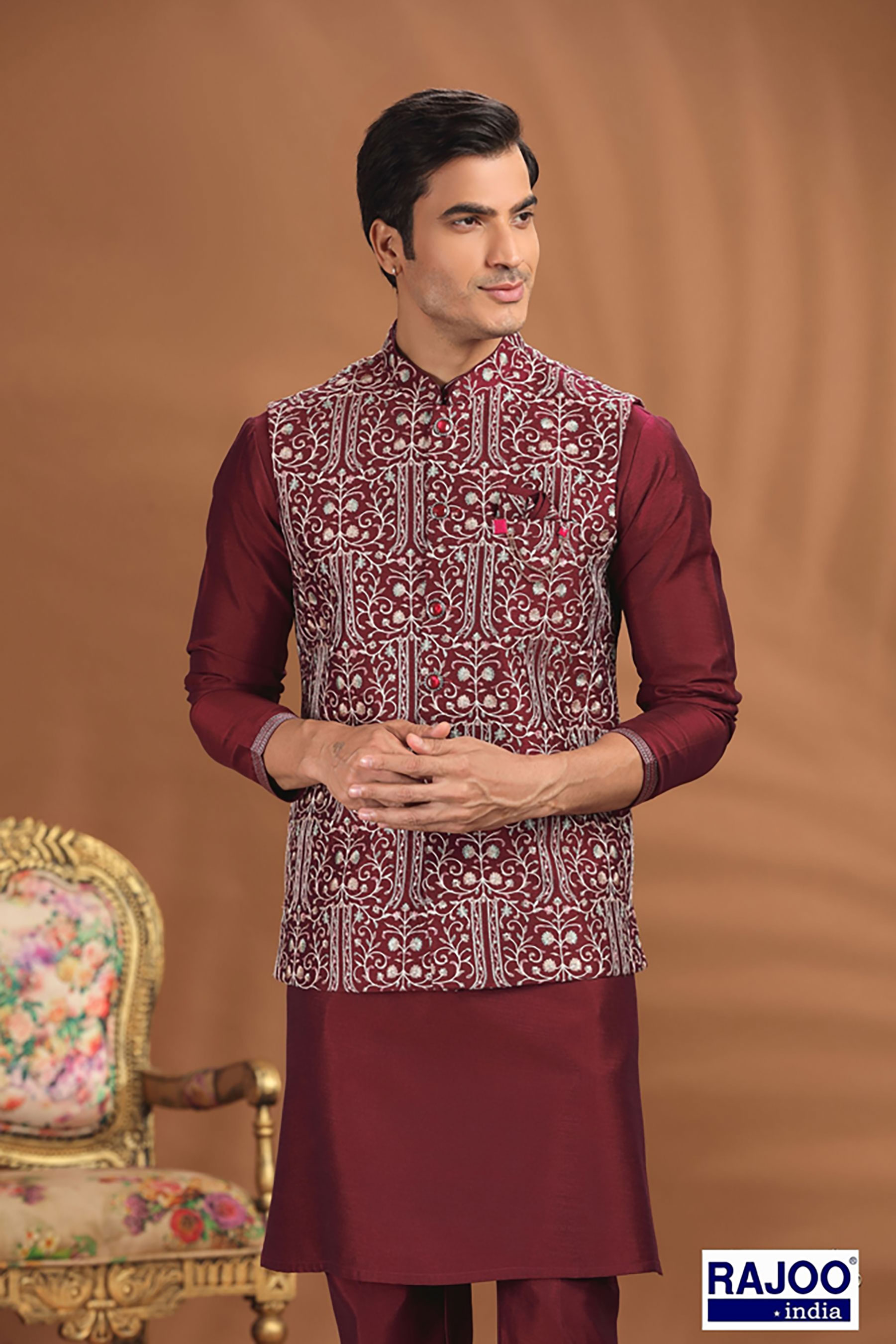 WINE EMBROIDERED JACKET SET 