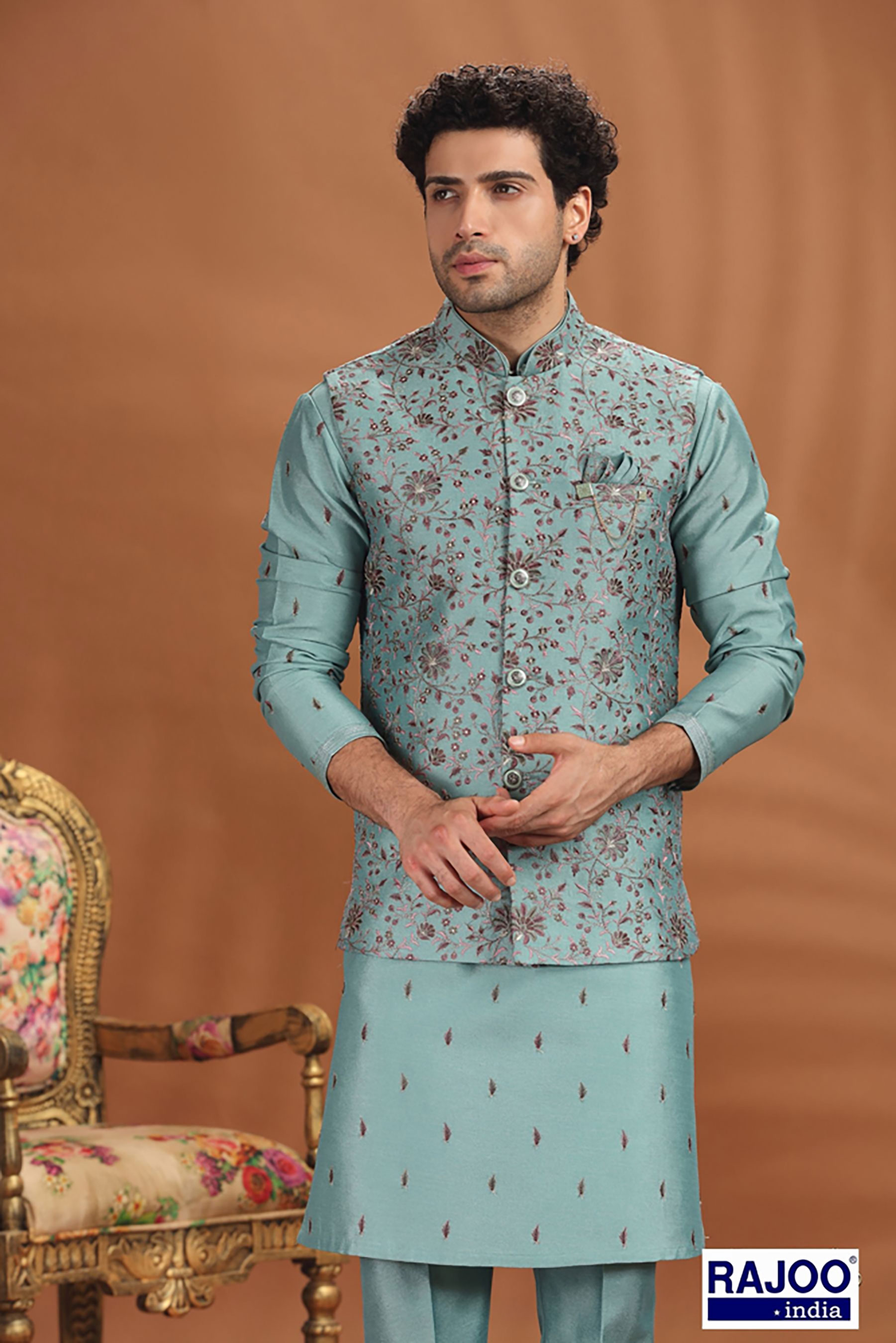 OLIVE GREEN LEAF EMBROIDERED SET 