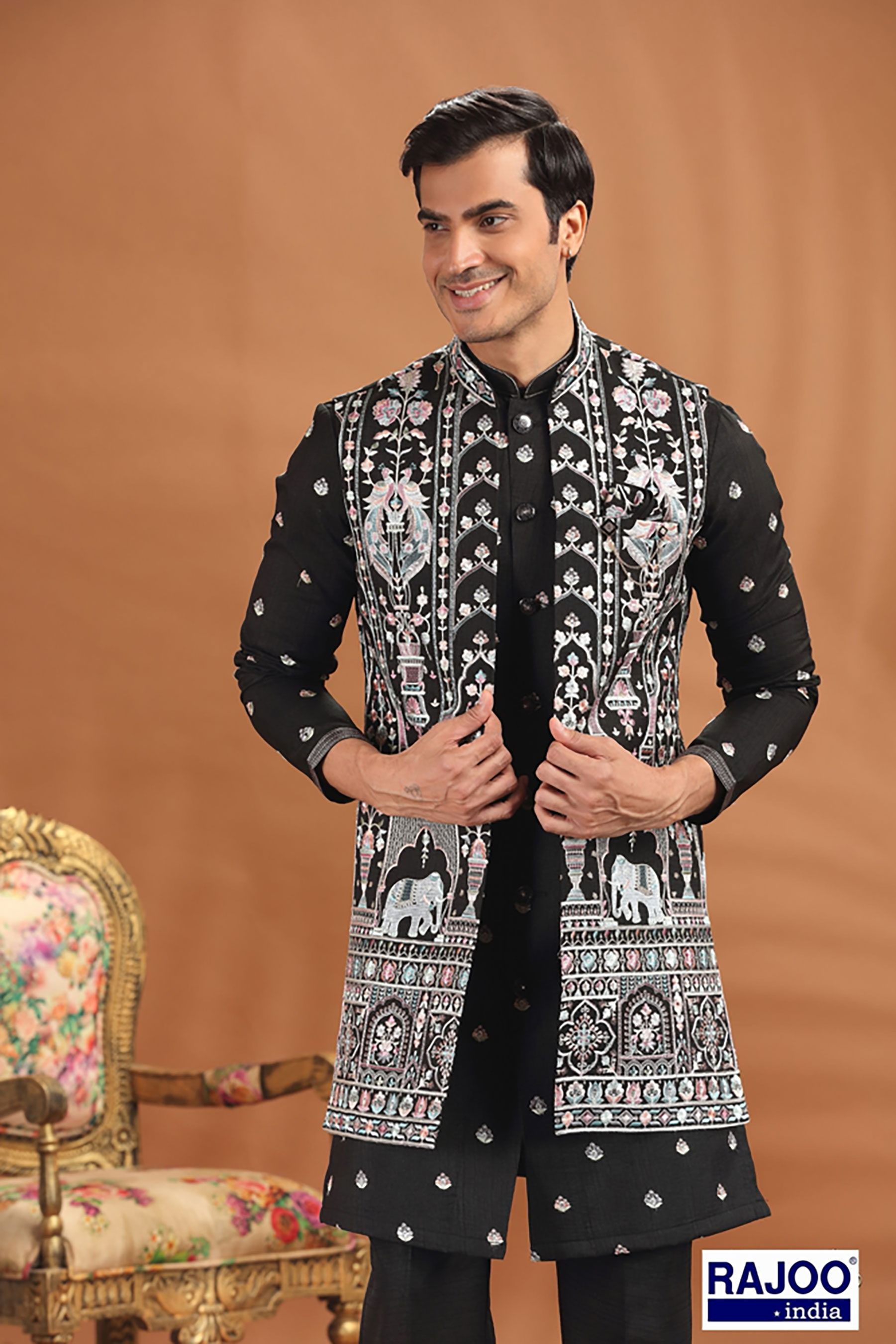 BLACK MAHARAJA STYLE LONG JACKET SET