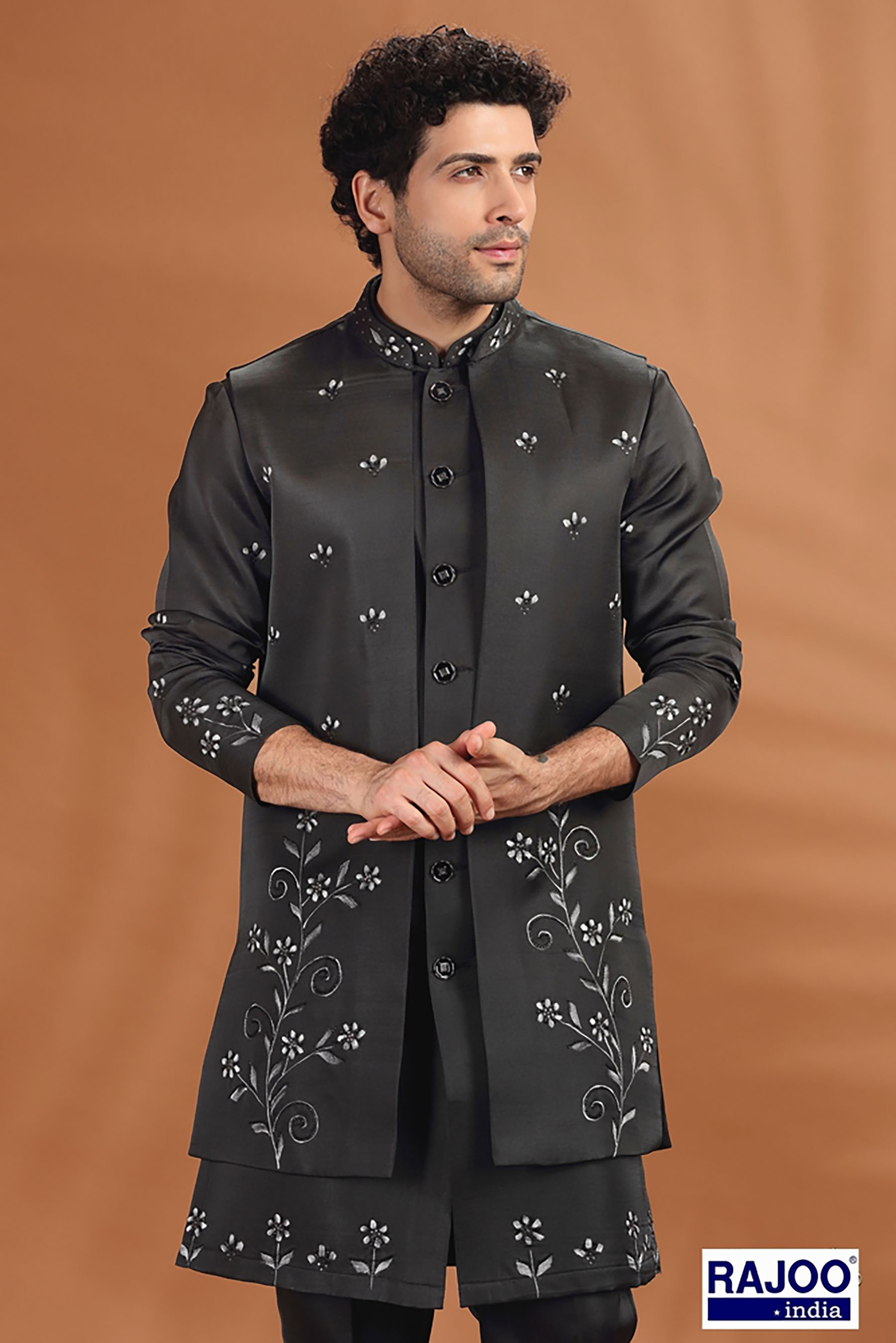 BLACK FLORAL LONG JACKET SET 