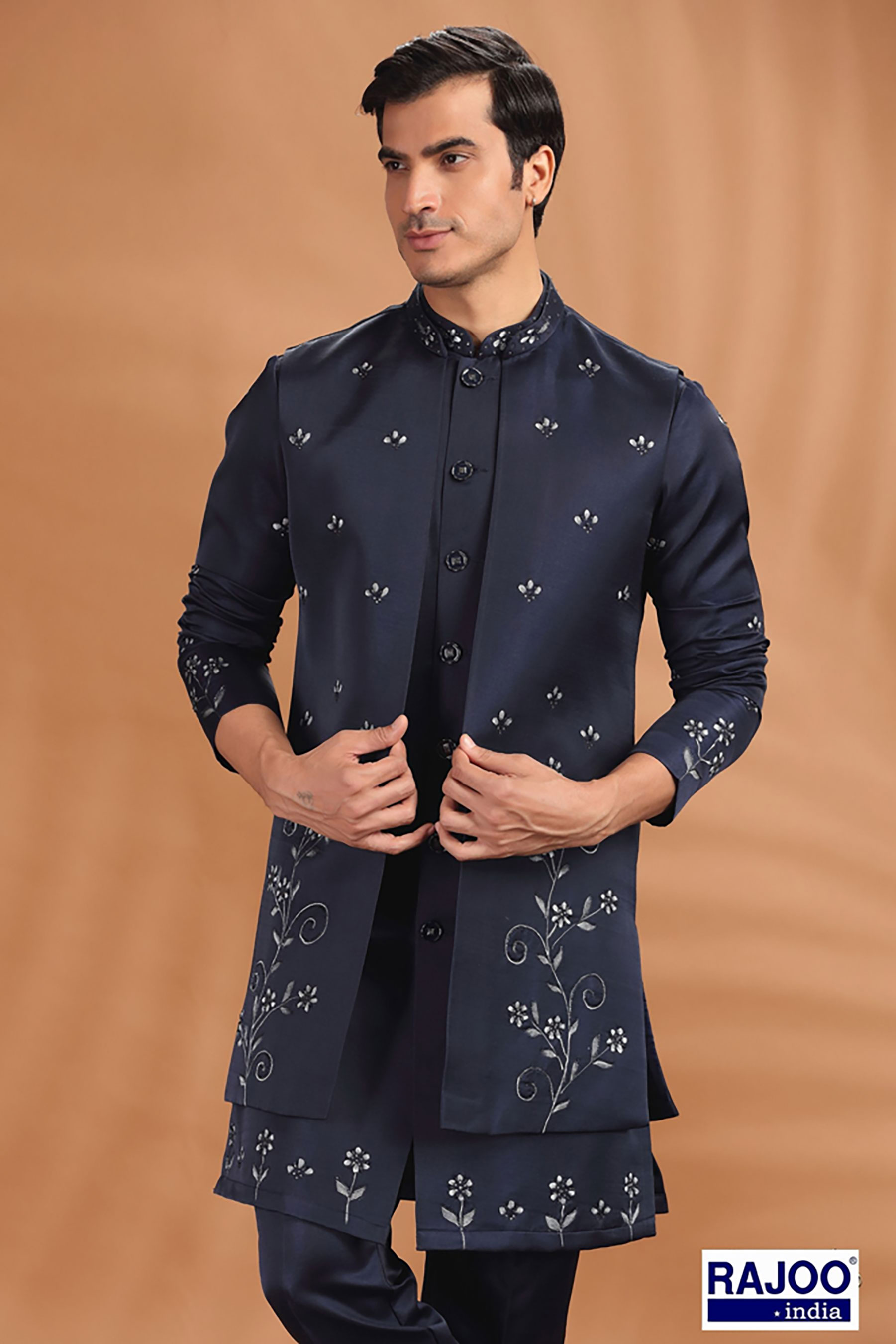 NAVY BLUE EMBROIDERED LONG JACKET SET