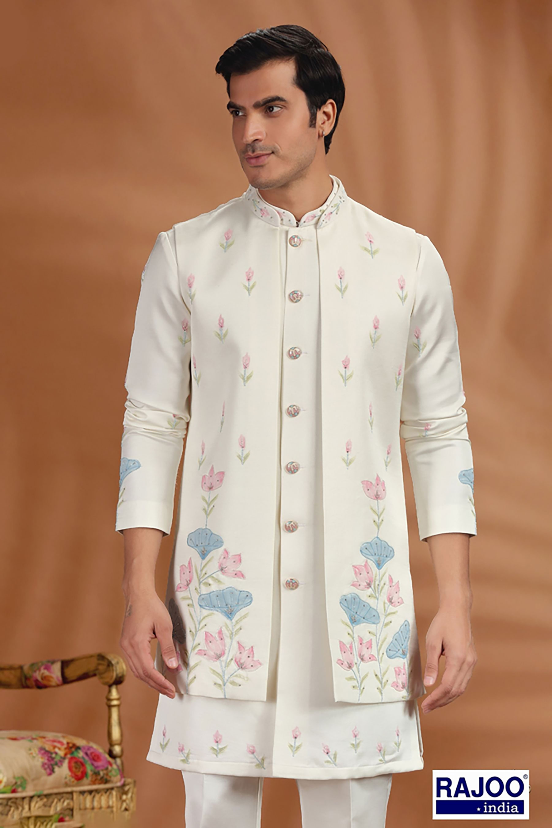 CREAM WITH PINK EMBROIDERED SET .