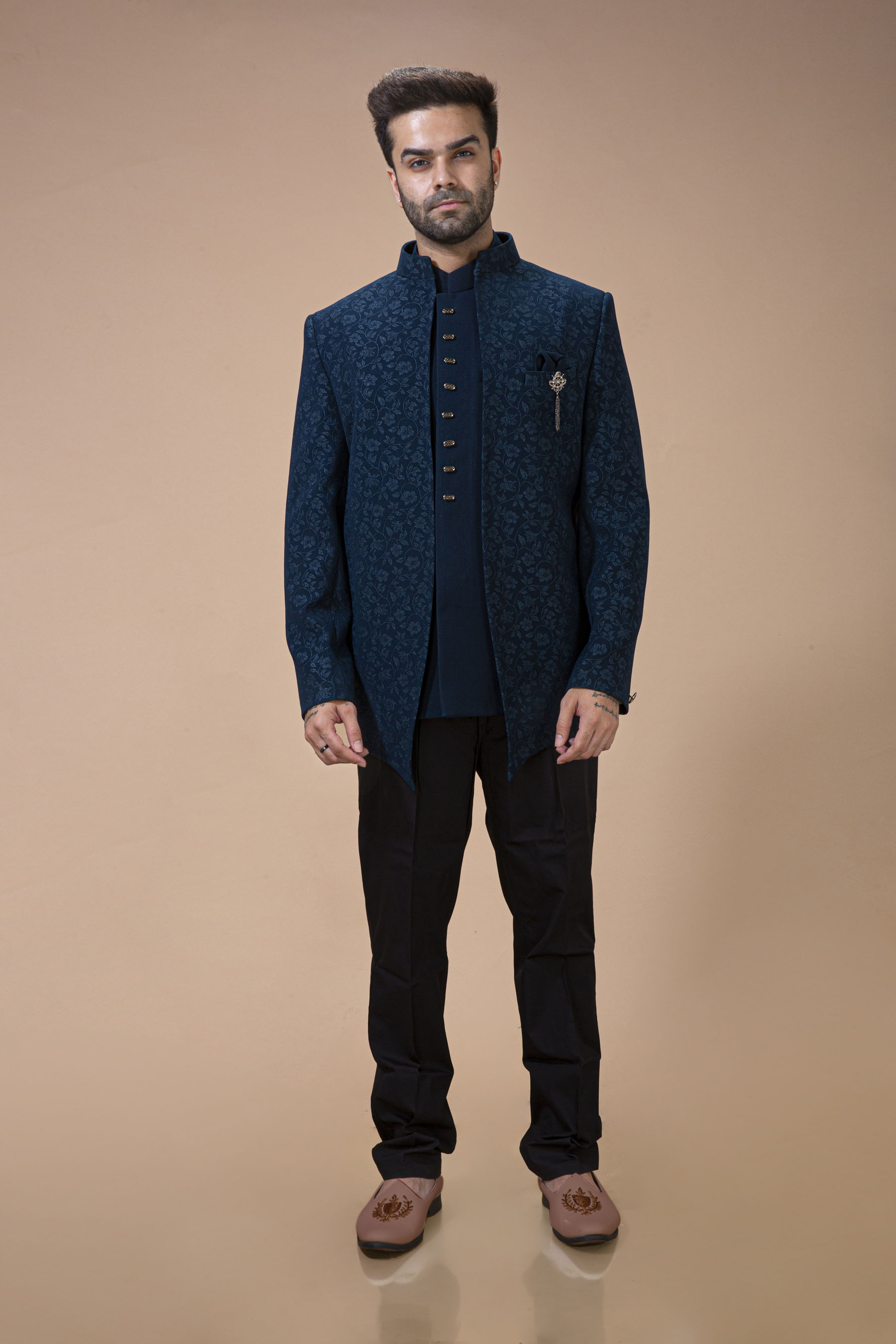 Teal Blue Jodhpuri With Waist Coat