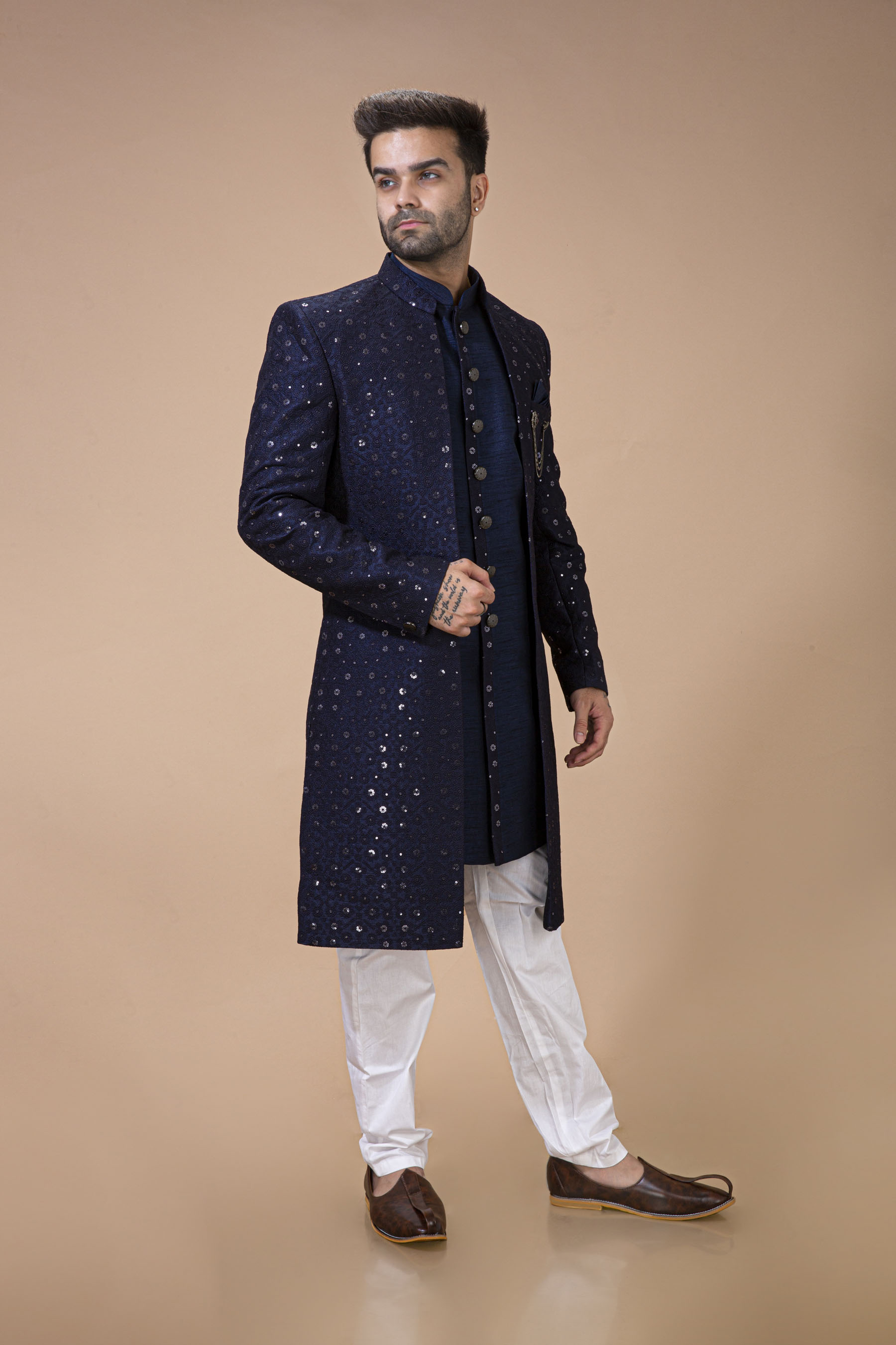 Navy Blue Open Pattern Nawabi With Long  Jacket Inside