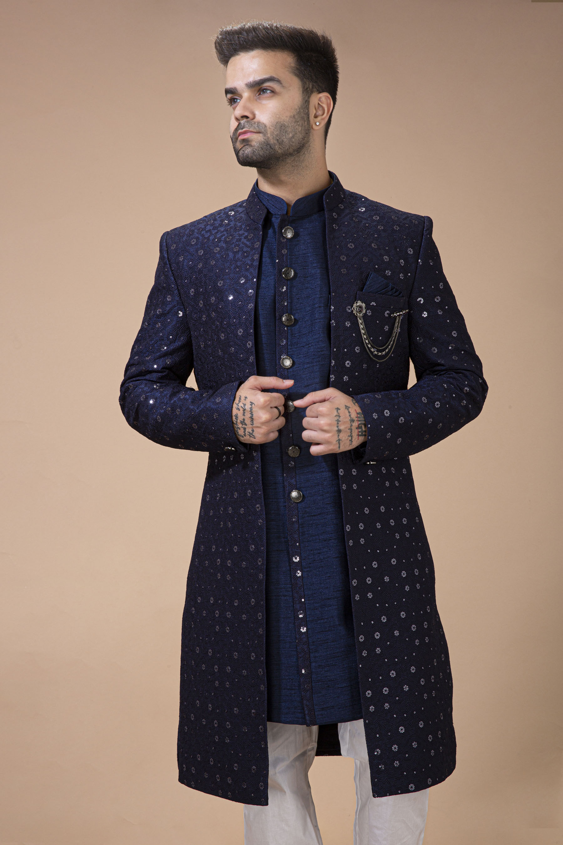 Navy Blue Open Pattern Nawabi With Long  Jacket Inside