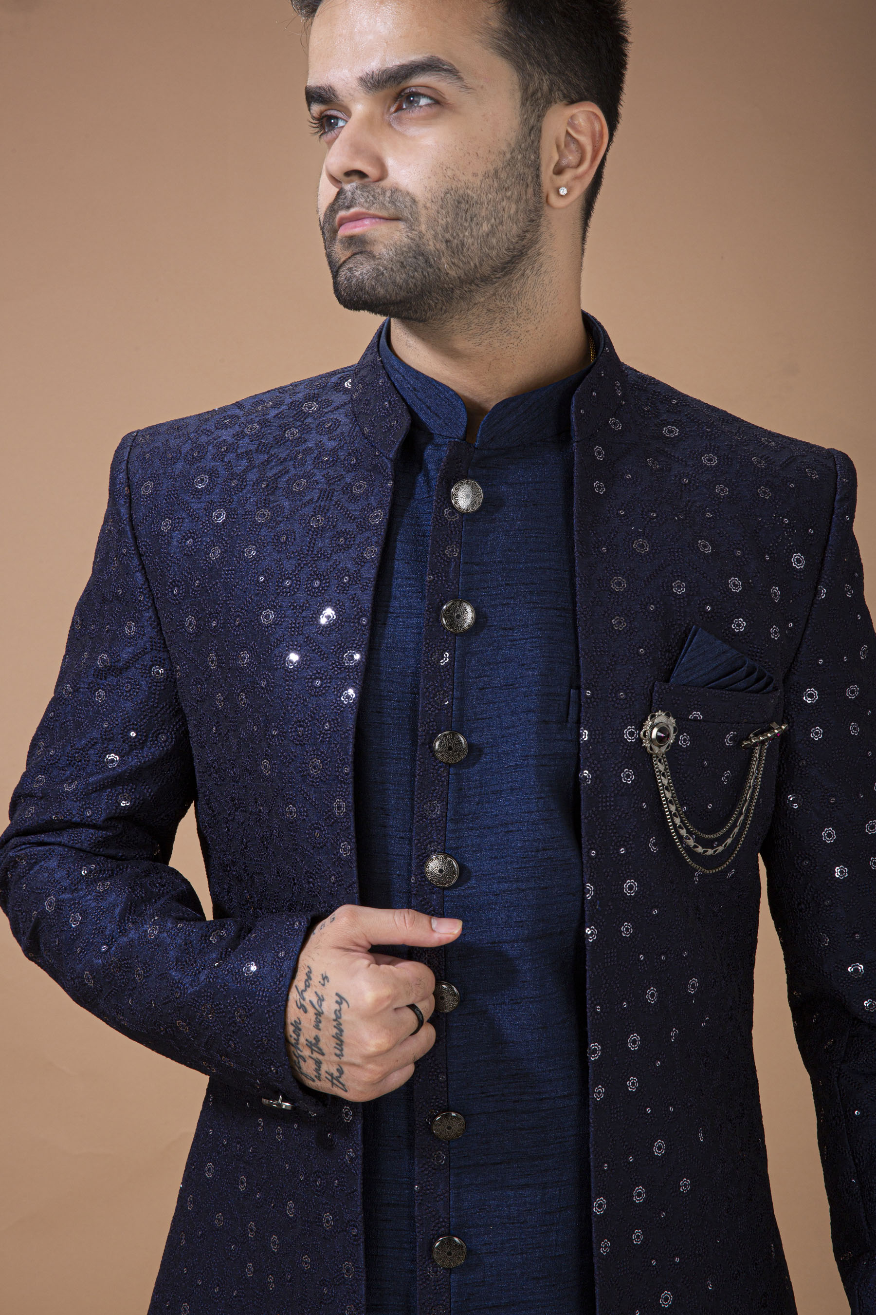 Navy Blue Open Pattern Nawabi With Long  Jacket Inside