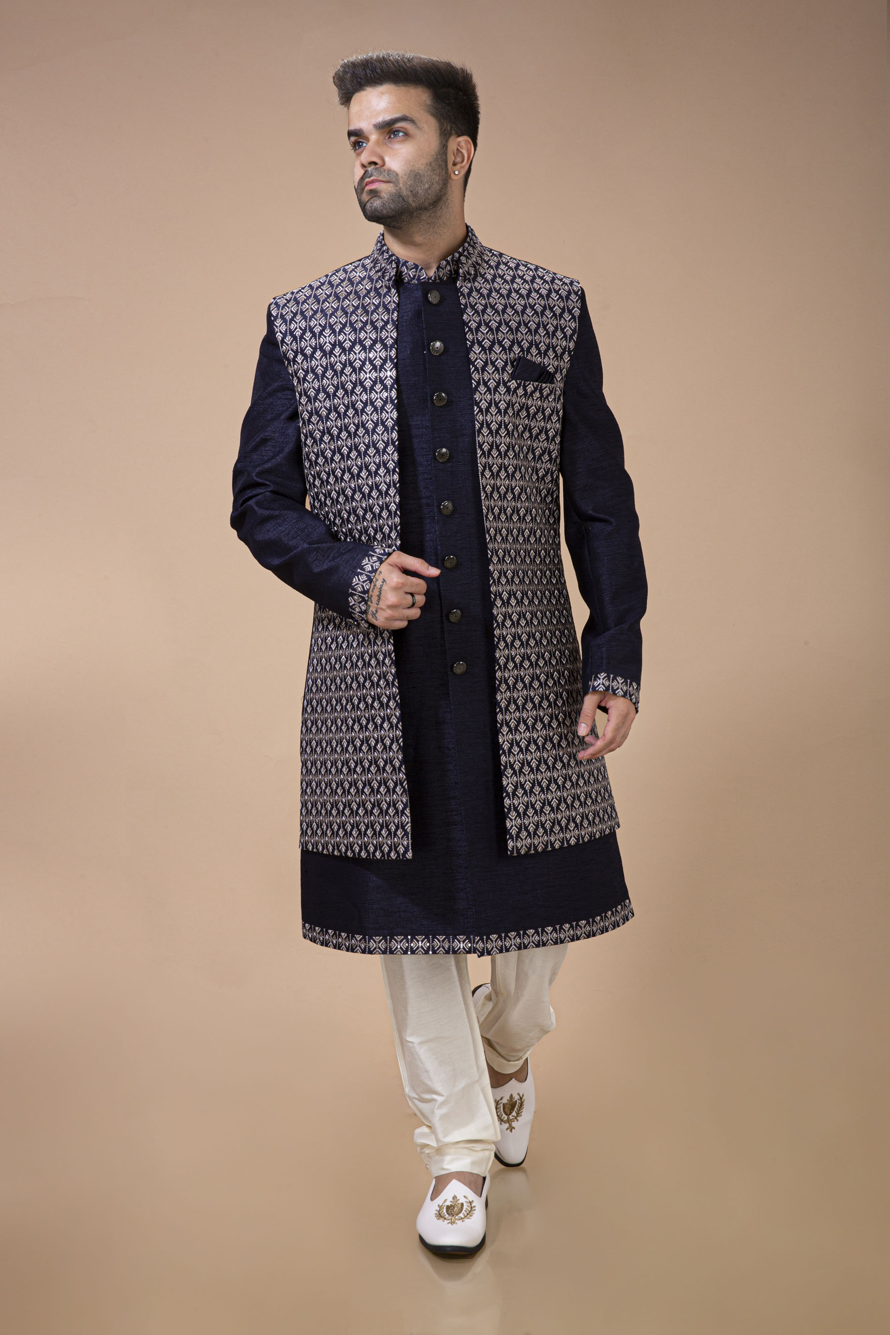 Navy Blue Long Jacket With Contrast Thread Embroidery