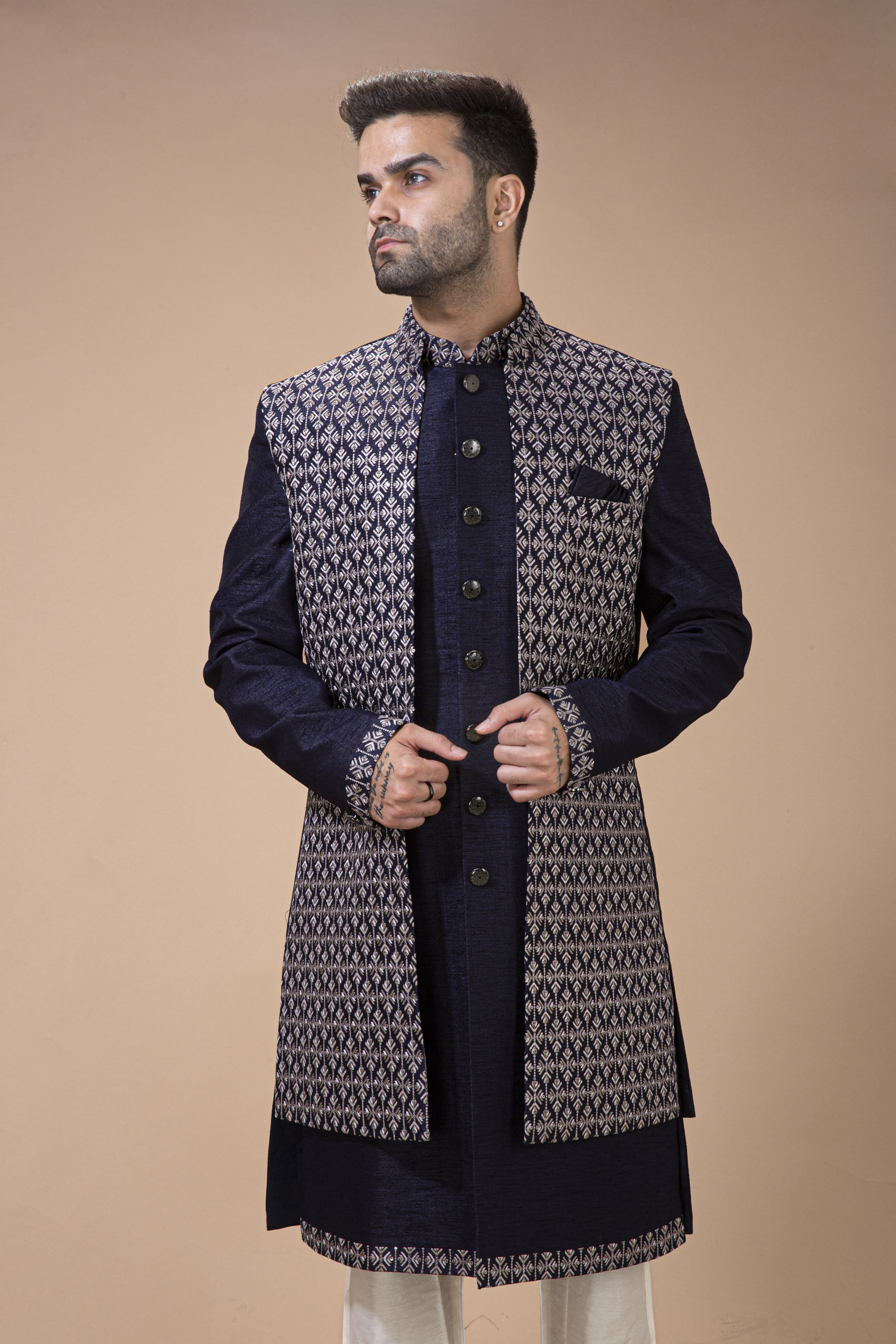 Navy Blue Long Jacket With Contrast Thread Embroidery