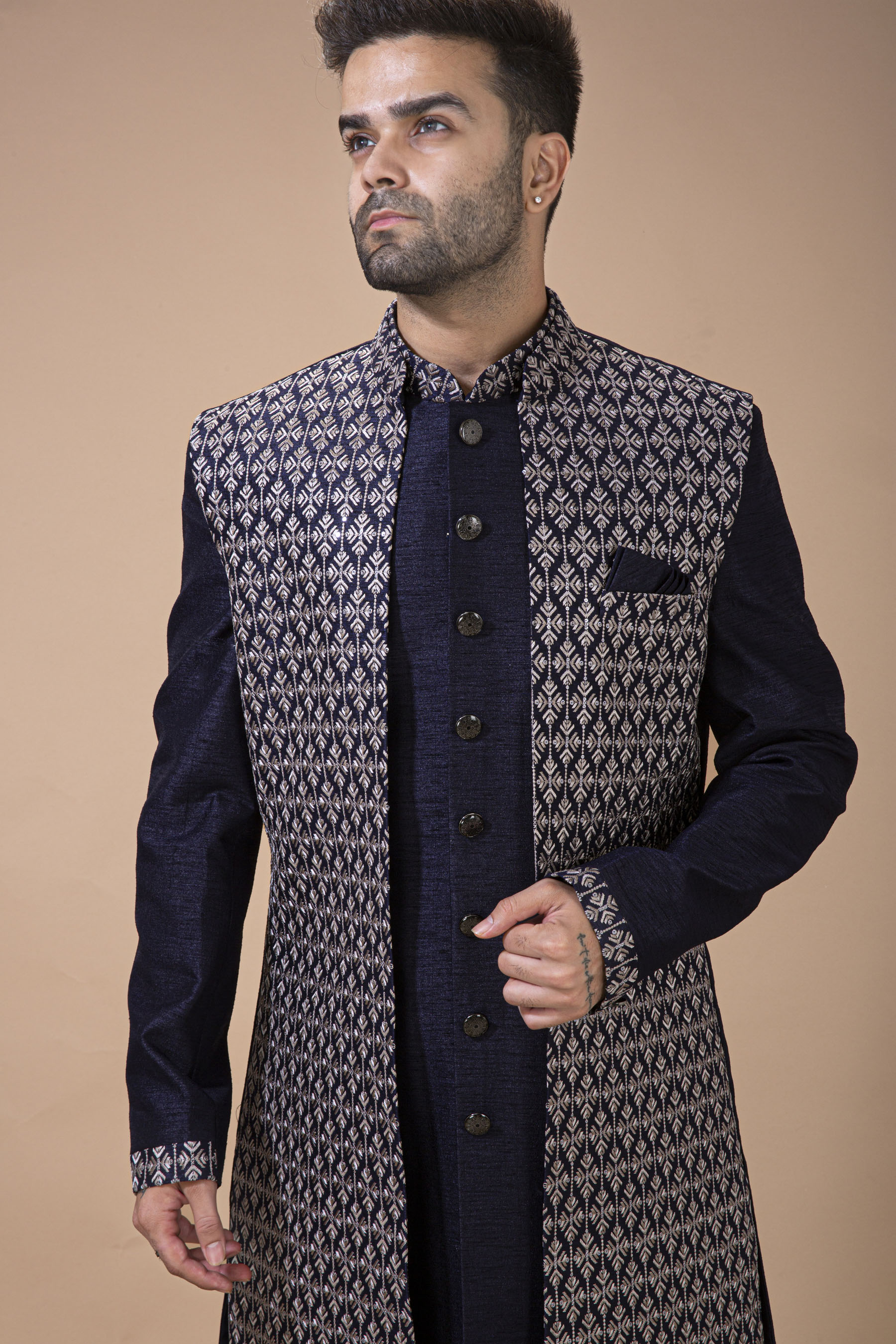 Navy Blue Long Jacket With Contrast Thread Embroidery