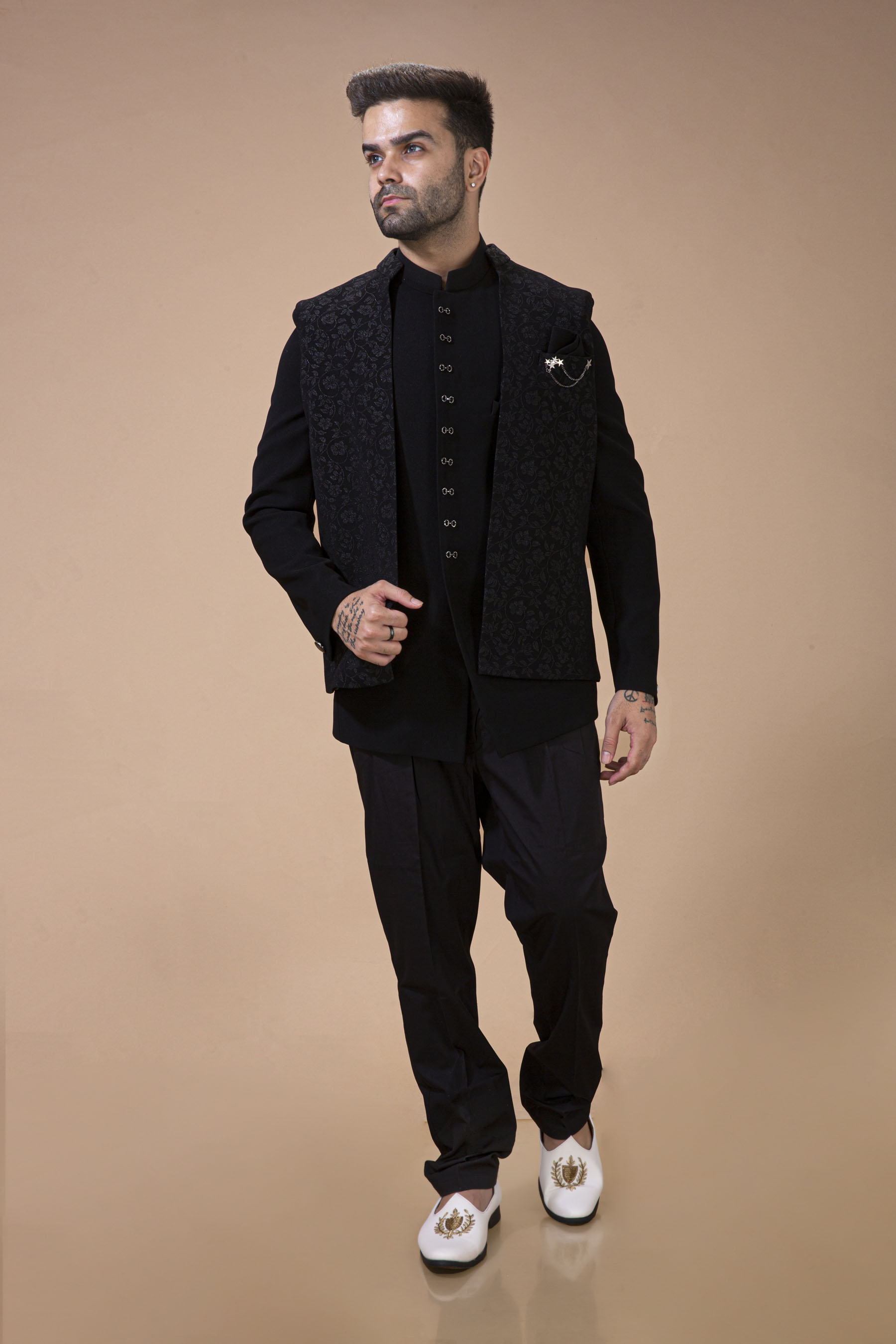 Zed Black Jodhpuri With Floral Waist Coat 