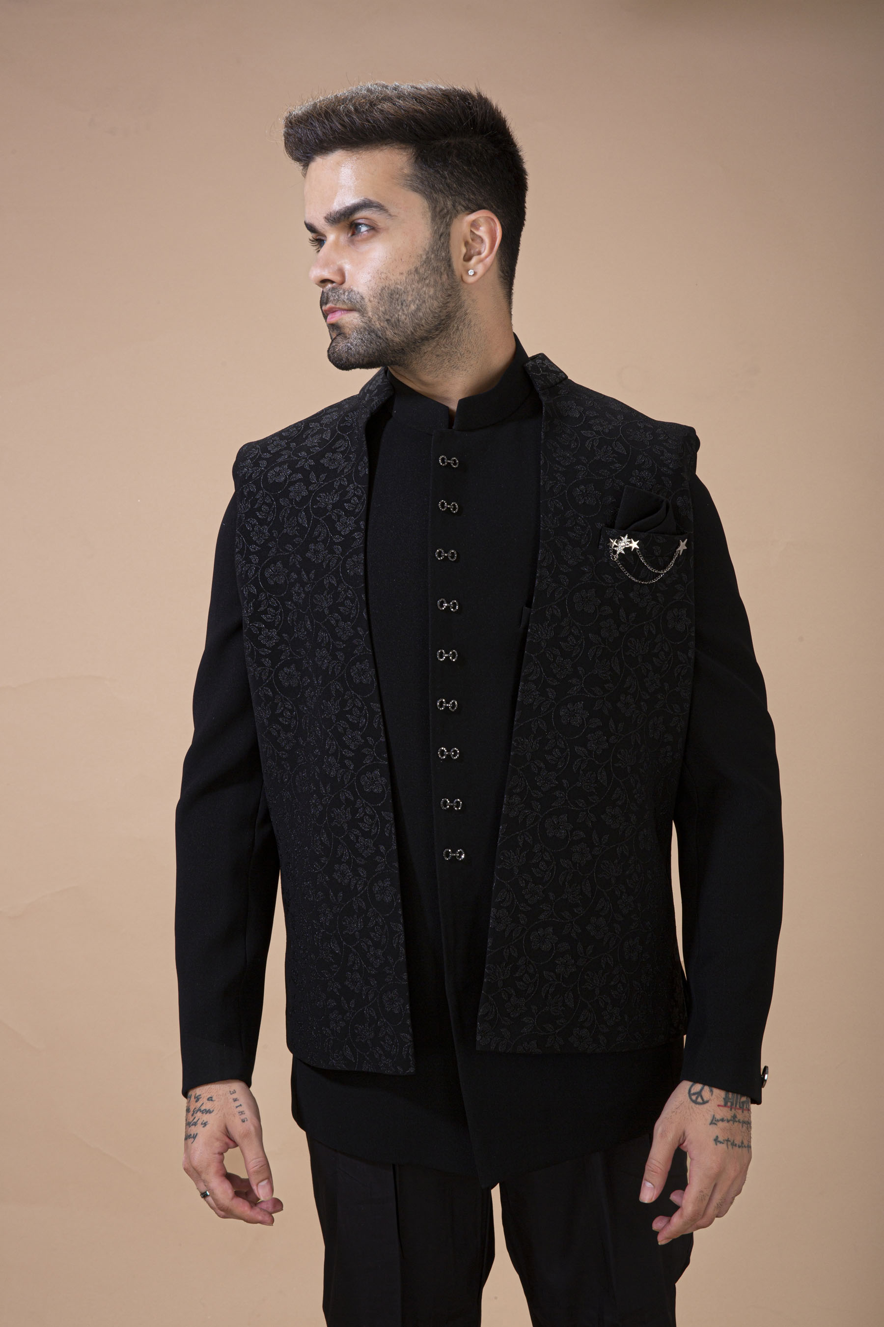 Zed Black Jodhpuri With Floral Waist Coat 