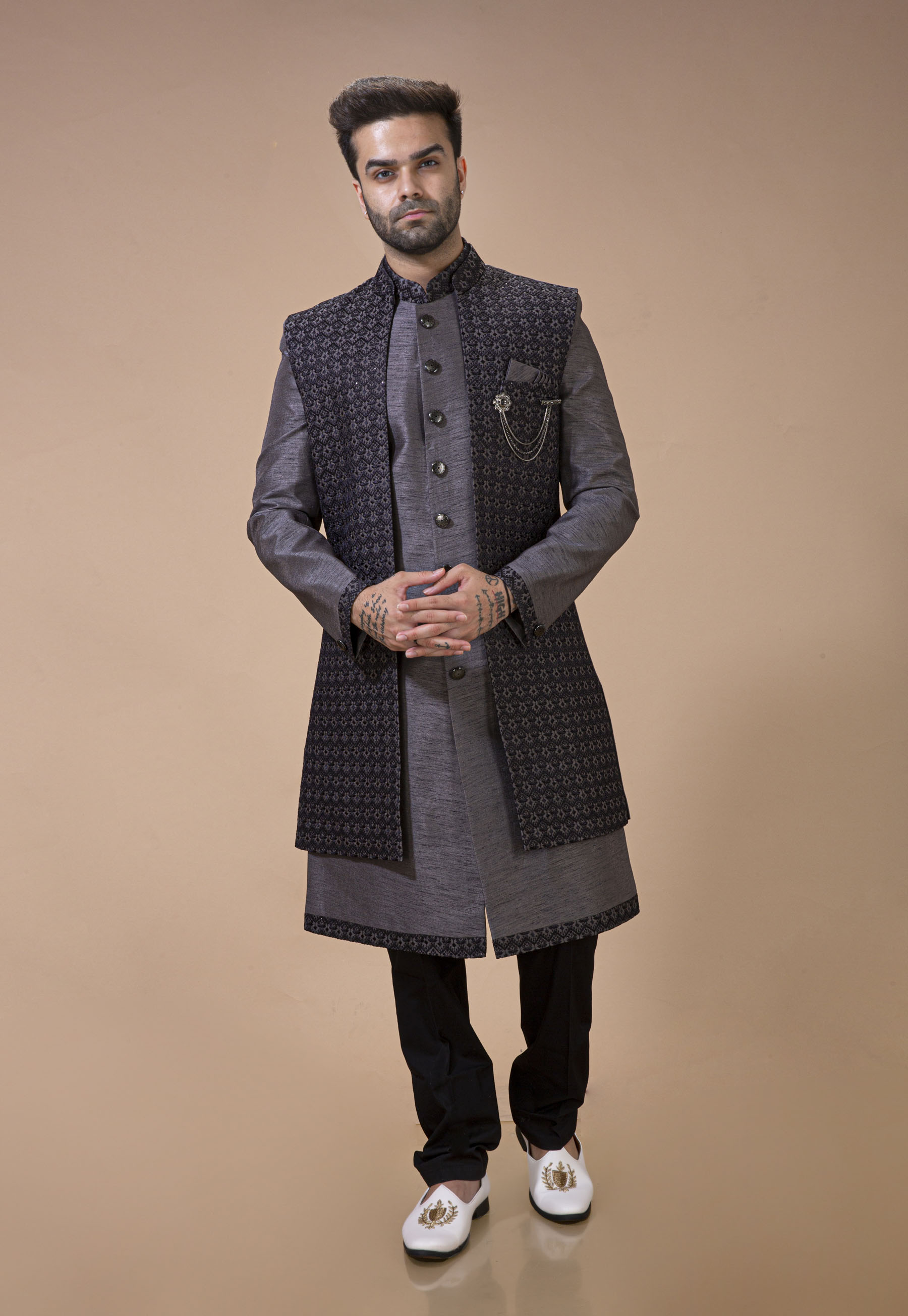 Grey Long Jacket With Contrast Thread Embroidery