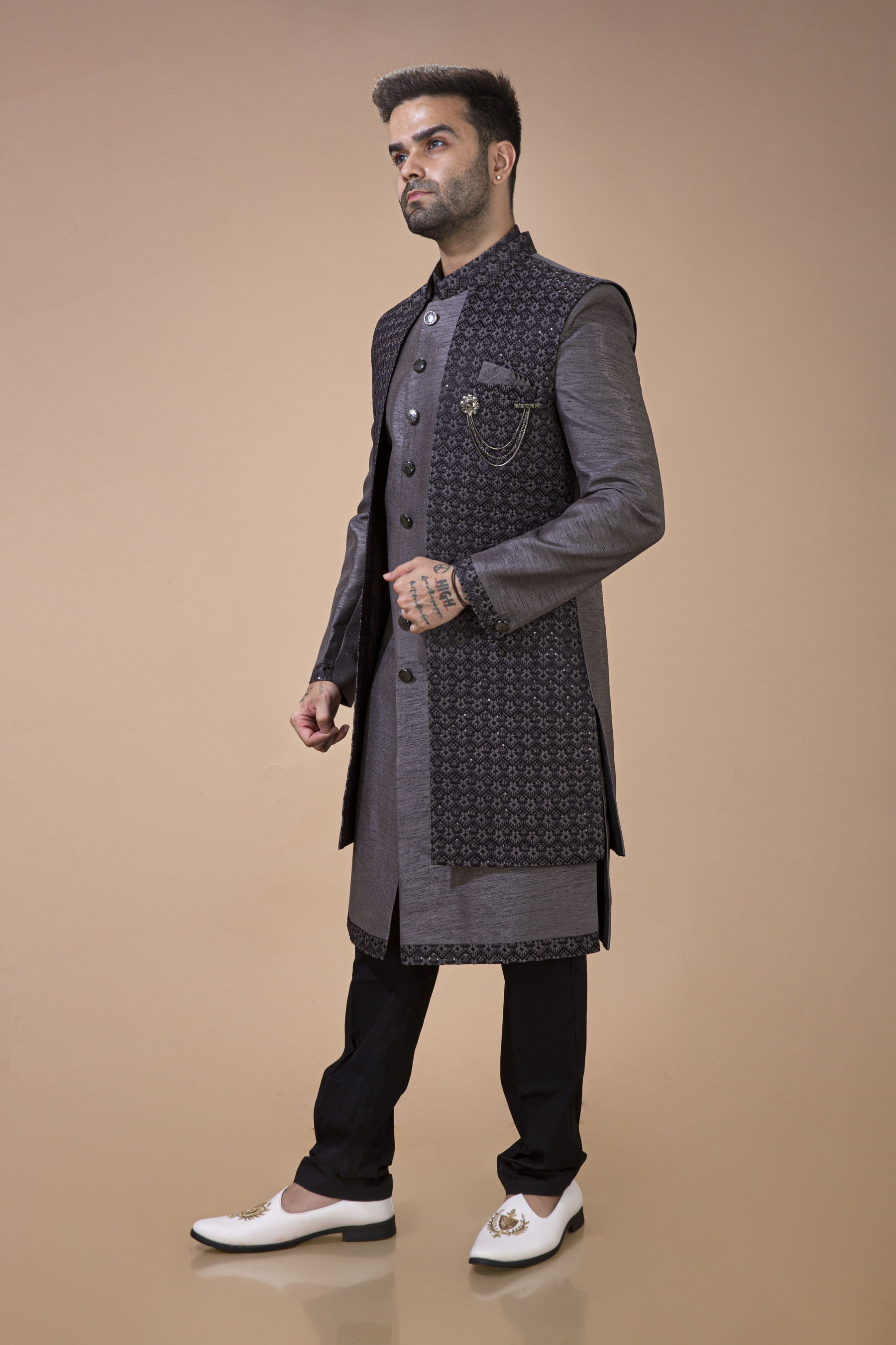 Grey Long Jacket With Contrast Thread Embroidery