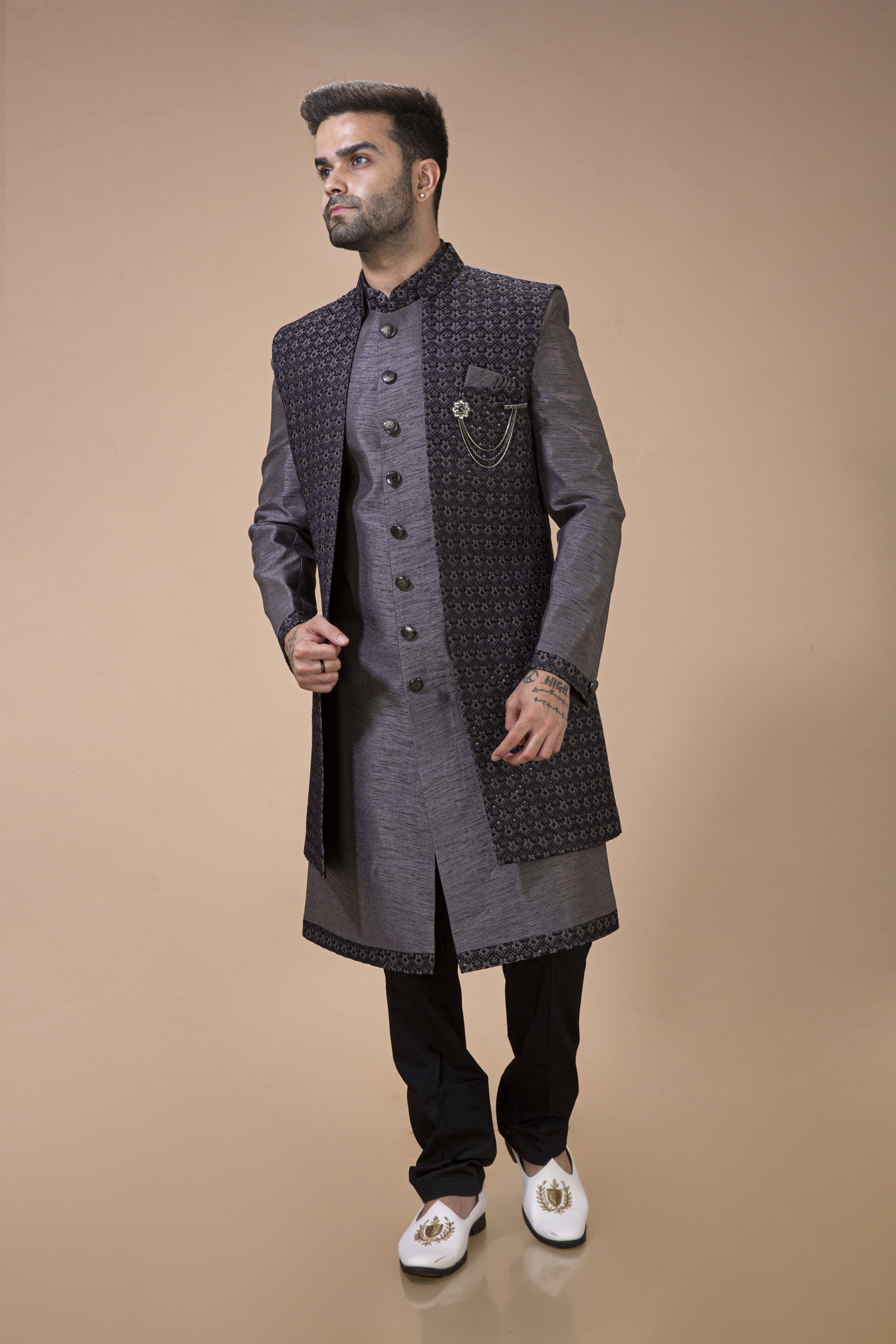 Grey Long Jacket With Contrast Thread Embroidery